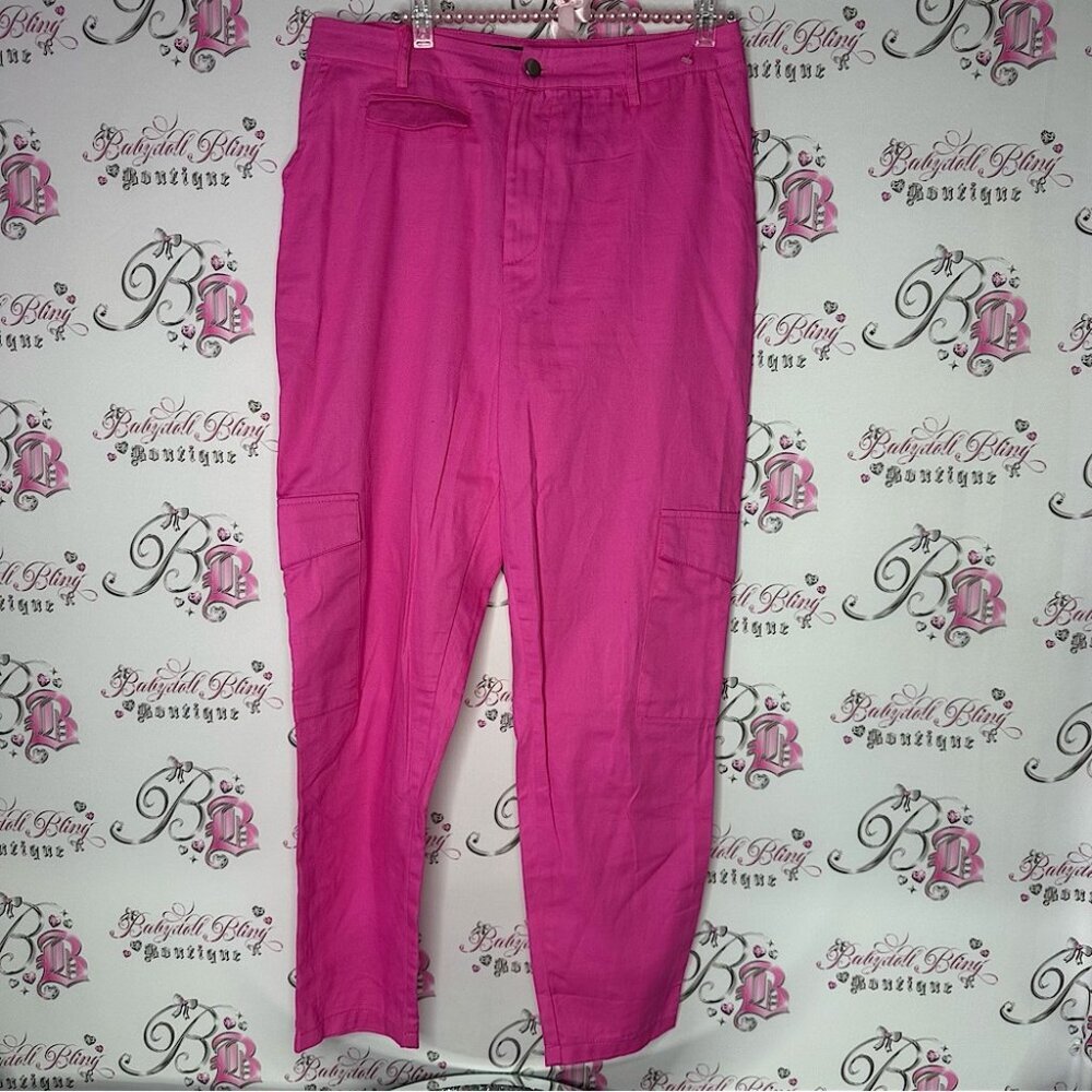 Missguided pants pink cargo bottoms pockets side & back bright comfy size USA 10